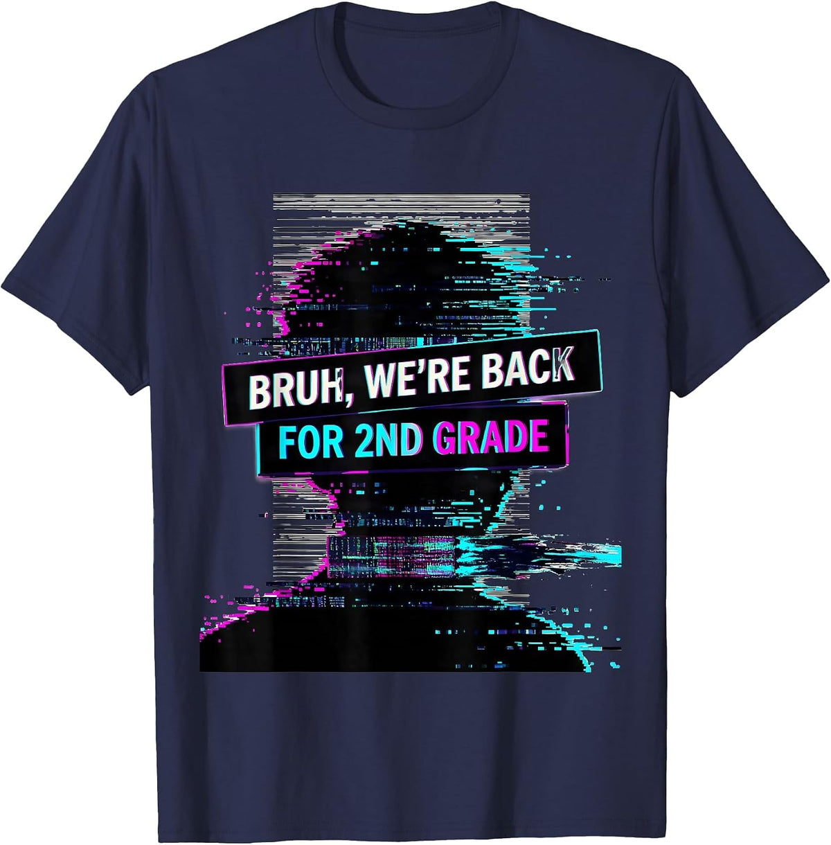 Men's Bruh We’re Back For 2nd Grade Glitch Humor Back To School T-Shirt - Navy Blue