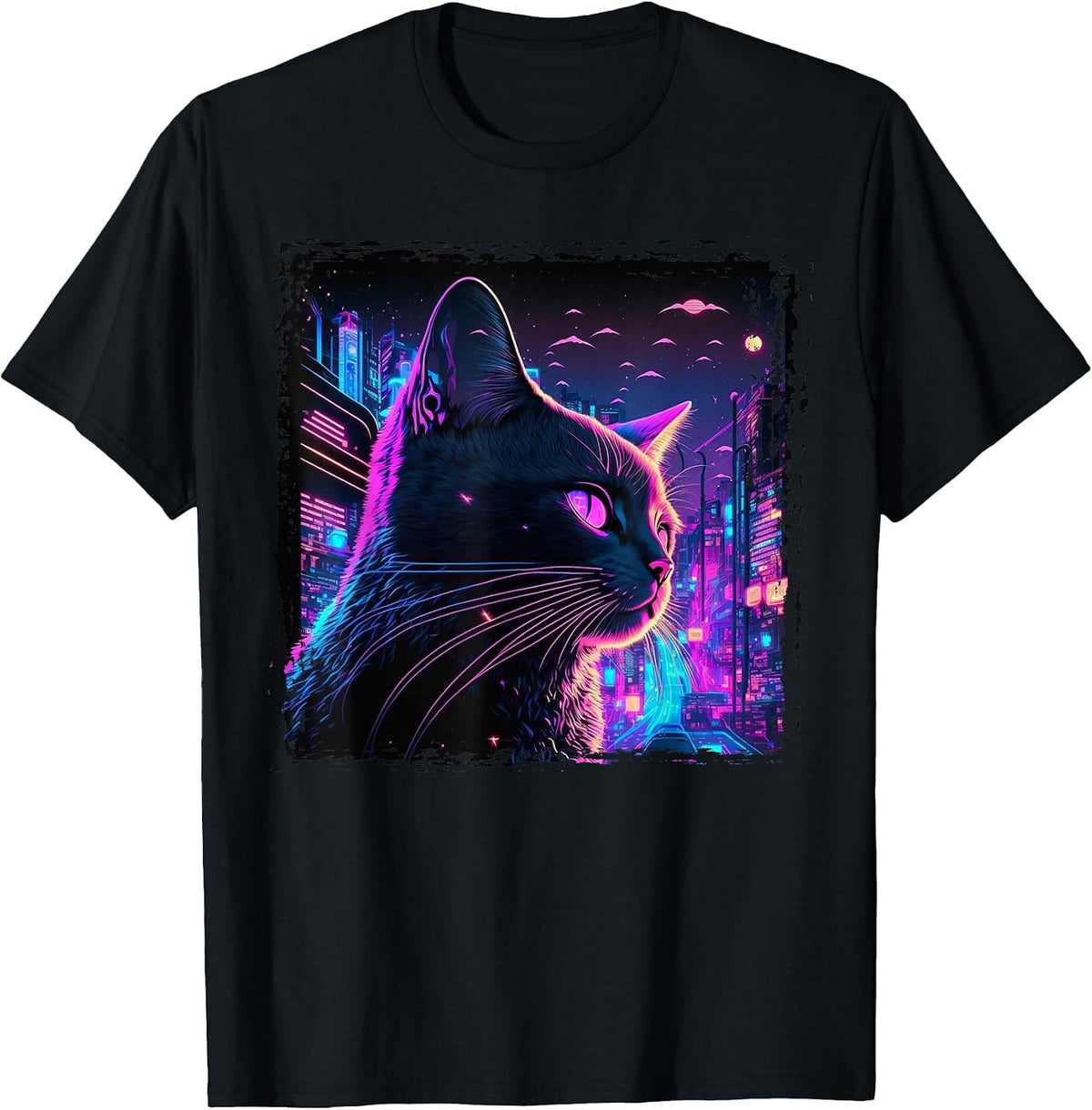 Japanese Aesthetic Synthwave Cat Vaporwave Anime Funny T-Shirt - Black