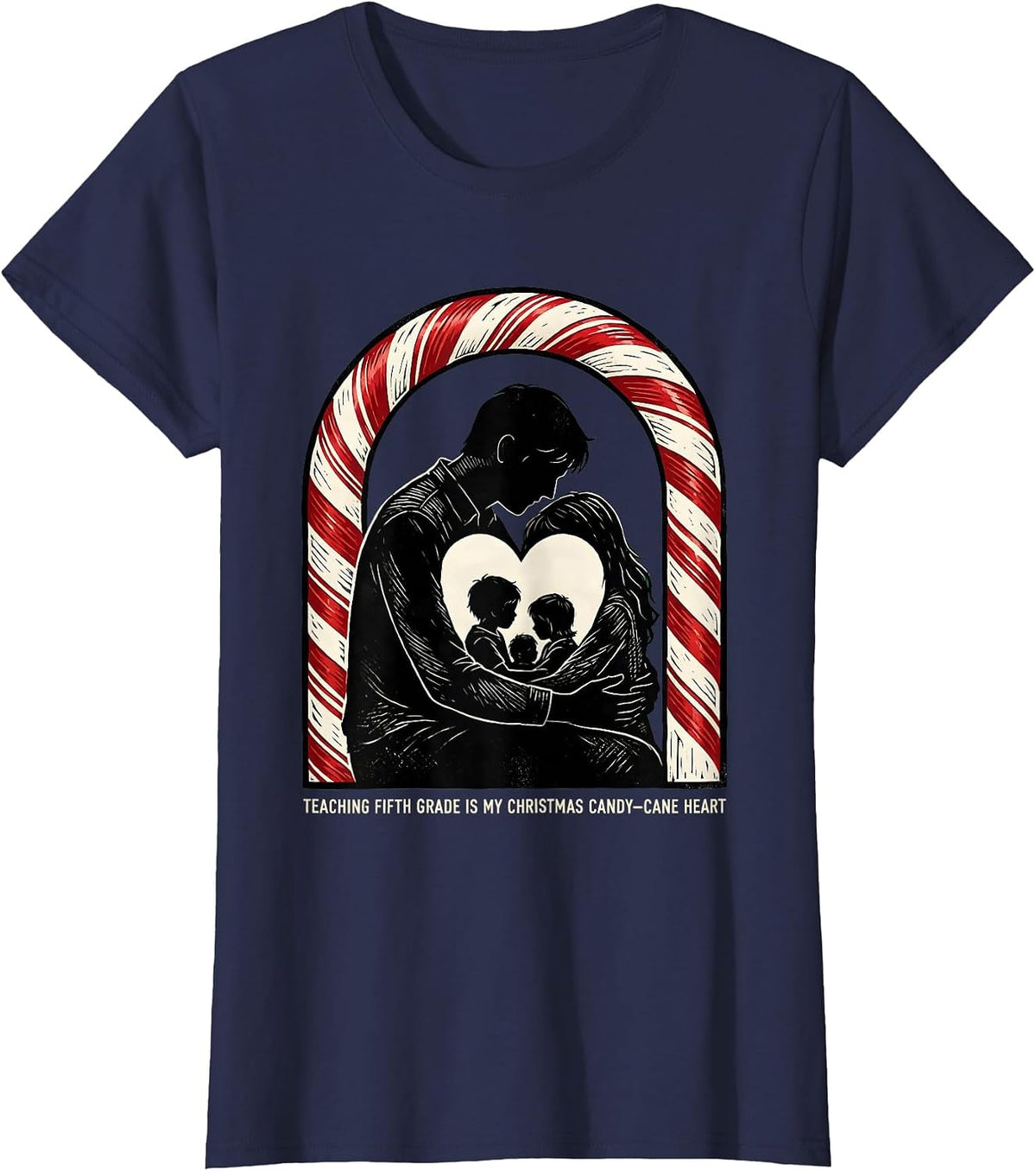 Women's Teaching Fifth Grade Is My Christmas Candy-Cane Heart T-Shirt - Navy Blue