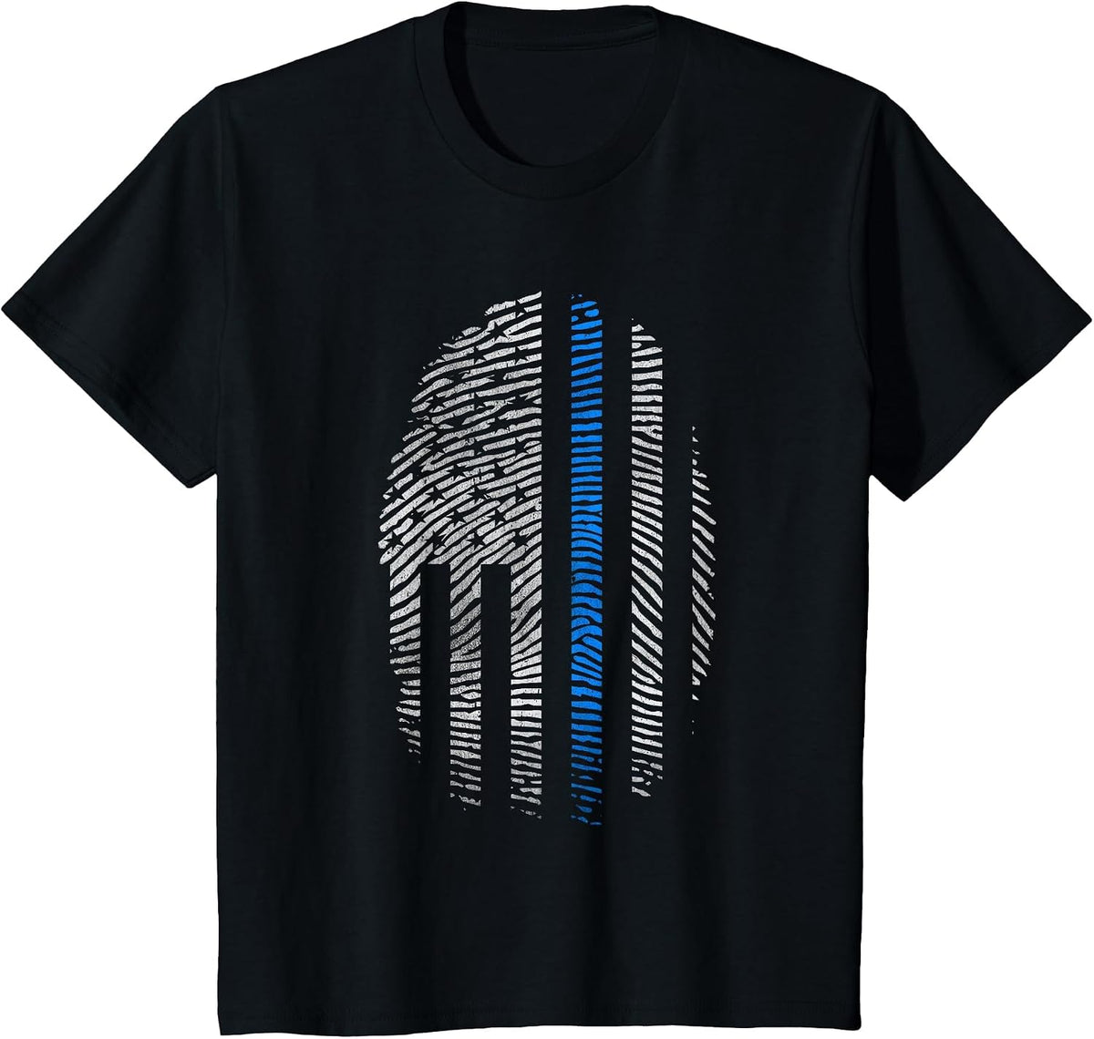Law Enforcement Blue Line USA Flag T-Shirt Fingerprint Tee T-Shirt - Black