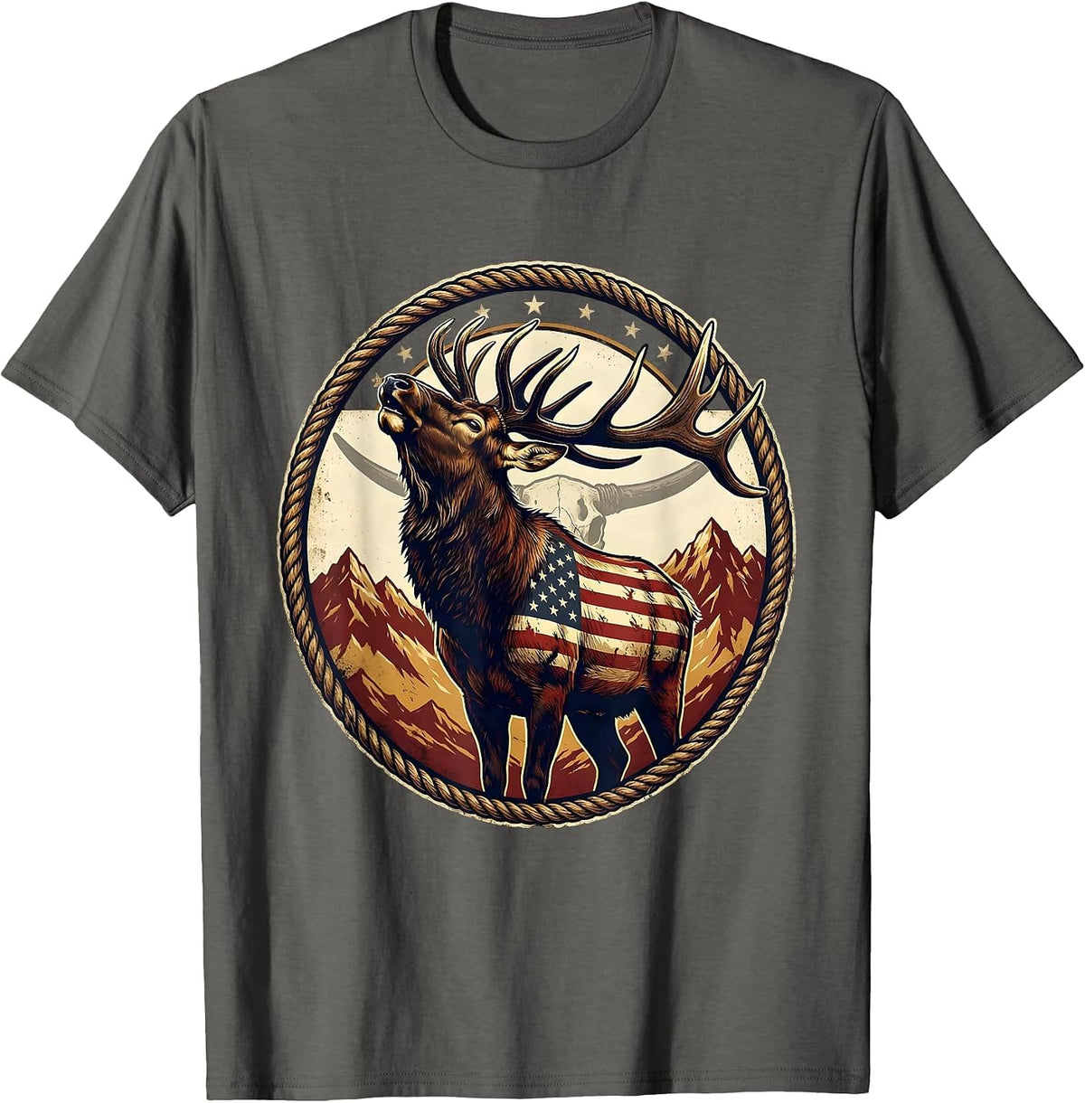 Men's Elk Bugling in Misty Mountain Meadow Camo T-Shirt - Asphalt Grey