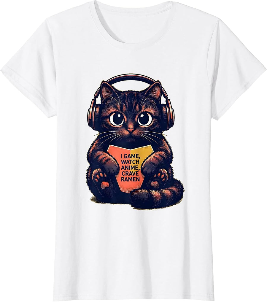 Women's I Game, Watch Anime, Crave Ramen Kawaii Anime Cat Gamer T-Shirt - White