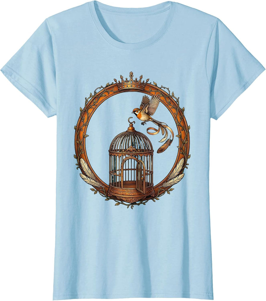 Women's Free Bird Open Cage Freedom Soaring Illustration T-Shirt - Baby Blue