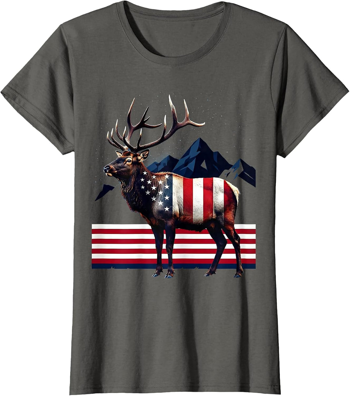 Women's Elk in Misty Mountain Meadow Wildlife Design T-Shirt - Asphalt Grey
