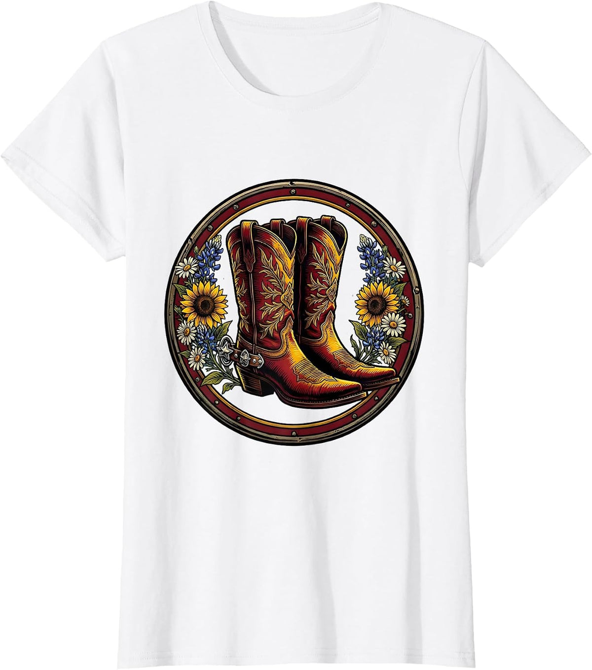 Cowgirl Boots Spurs and Wildflowers Rodeo Design T-Shirt - White