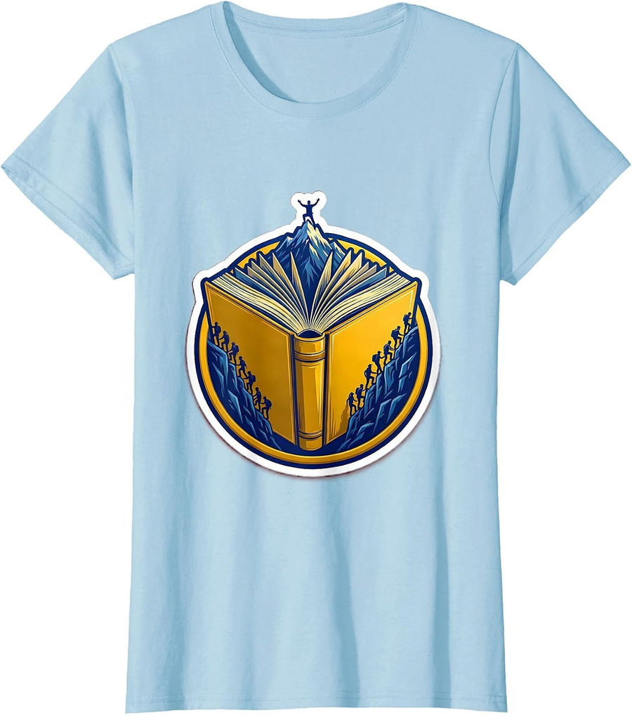 Women's Open Book Tiny People Climbing Pages Teacher Tee T-Shirt - Baby Blue