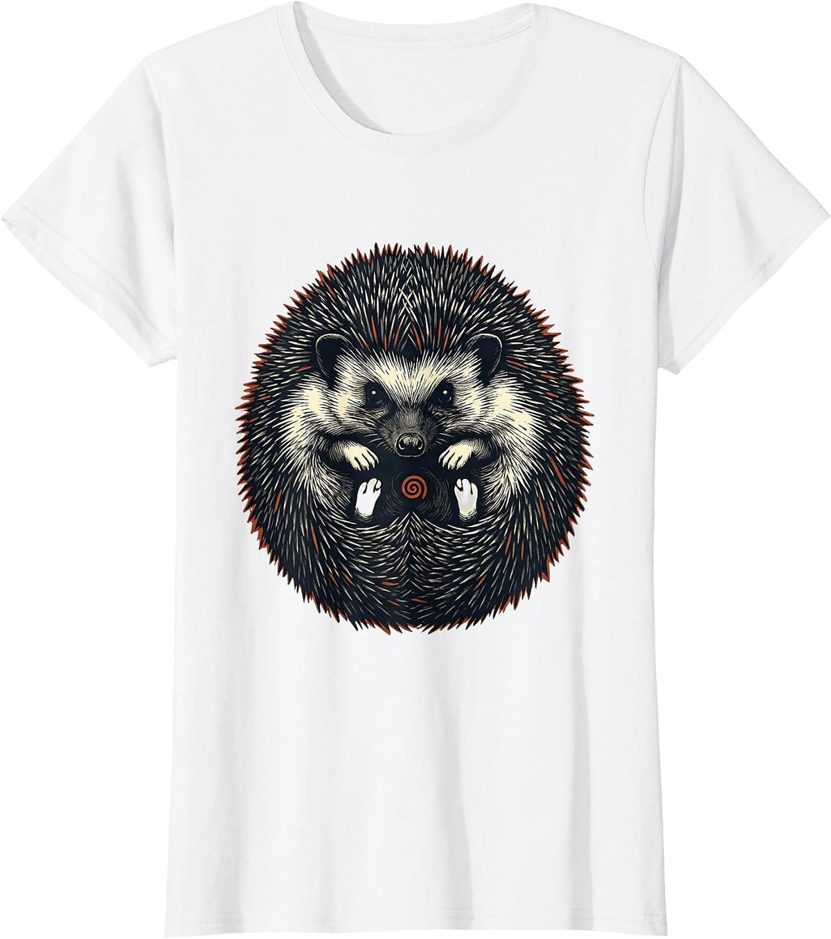 Women's Cute Curled Hedgehog Linocut Animal Lover Gift T-Shirt - White
