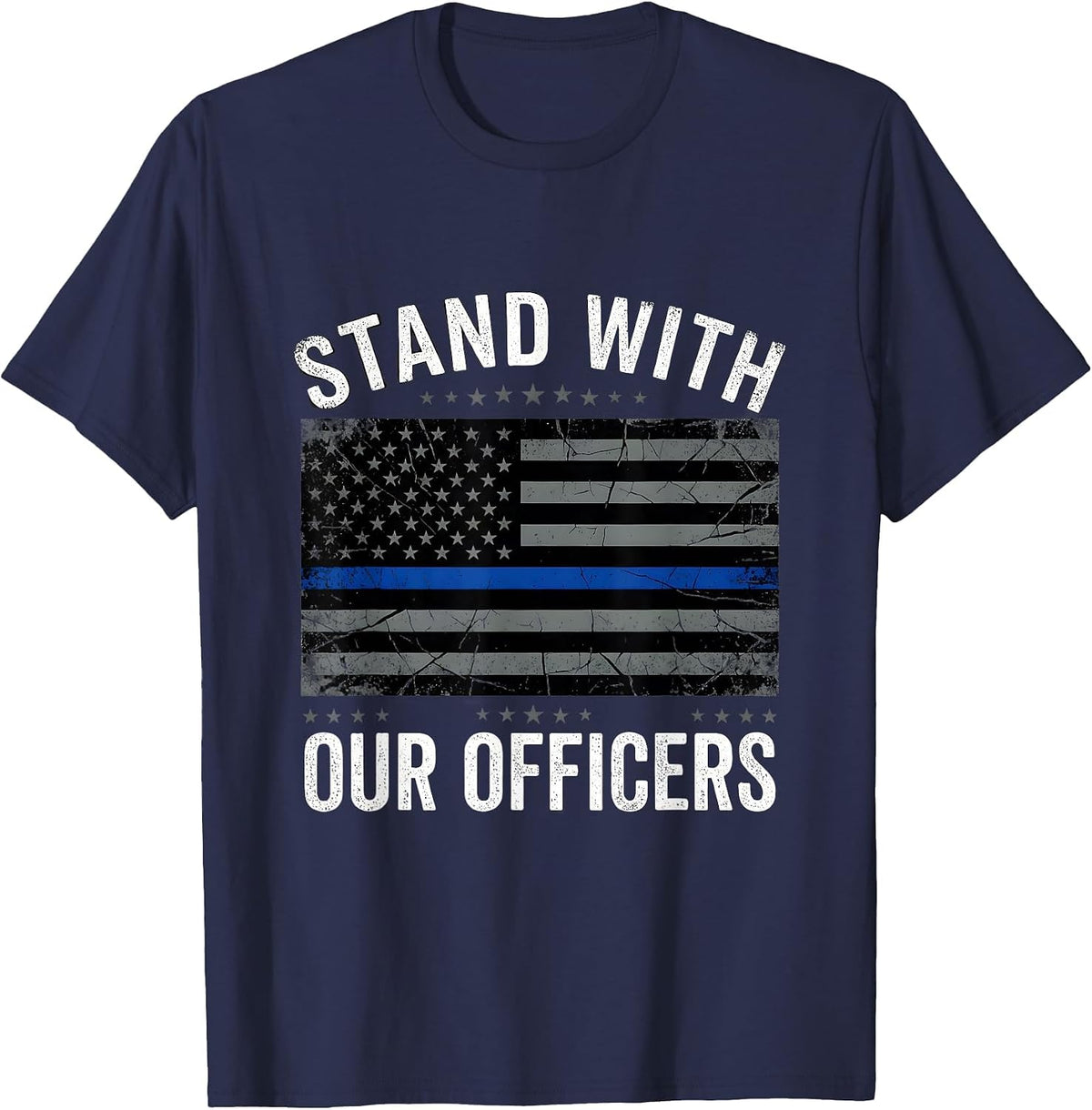 Men's Stand With Our Officers Thin Blue Line Police Support T-Shirt - Navy Blue