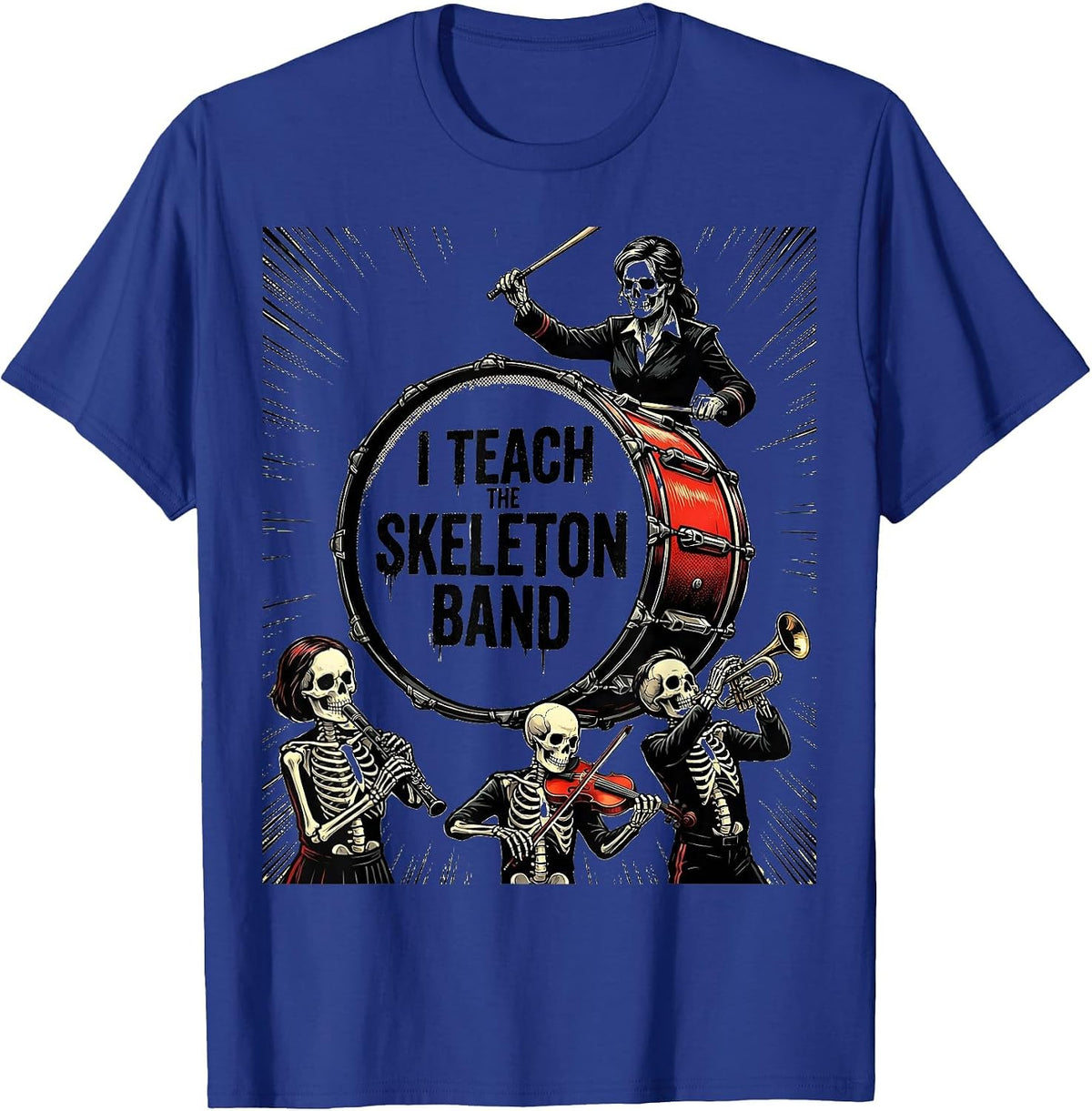 I Teach The Skeleton Band Comic Book Ghost Music Teacher T-Shirt - Royal Blue