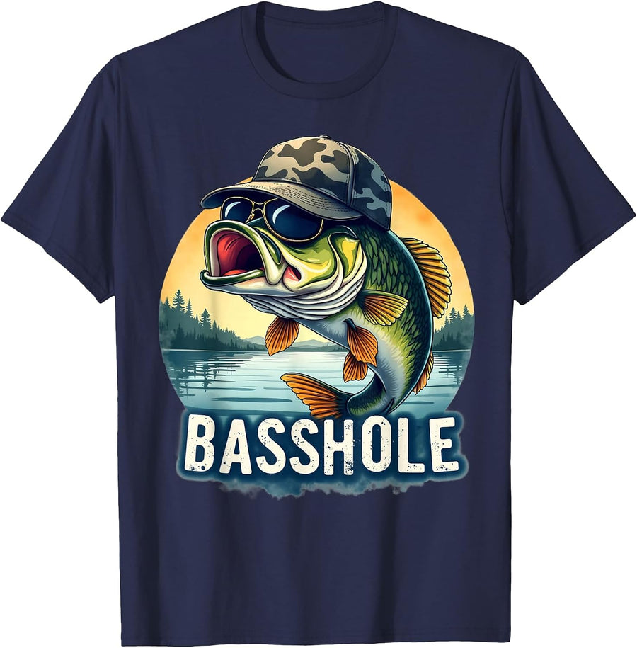 Basshole Funny Bass Fishing Dad T-Shirt - Navy Blue