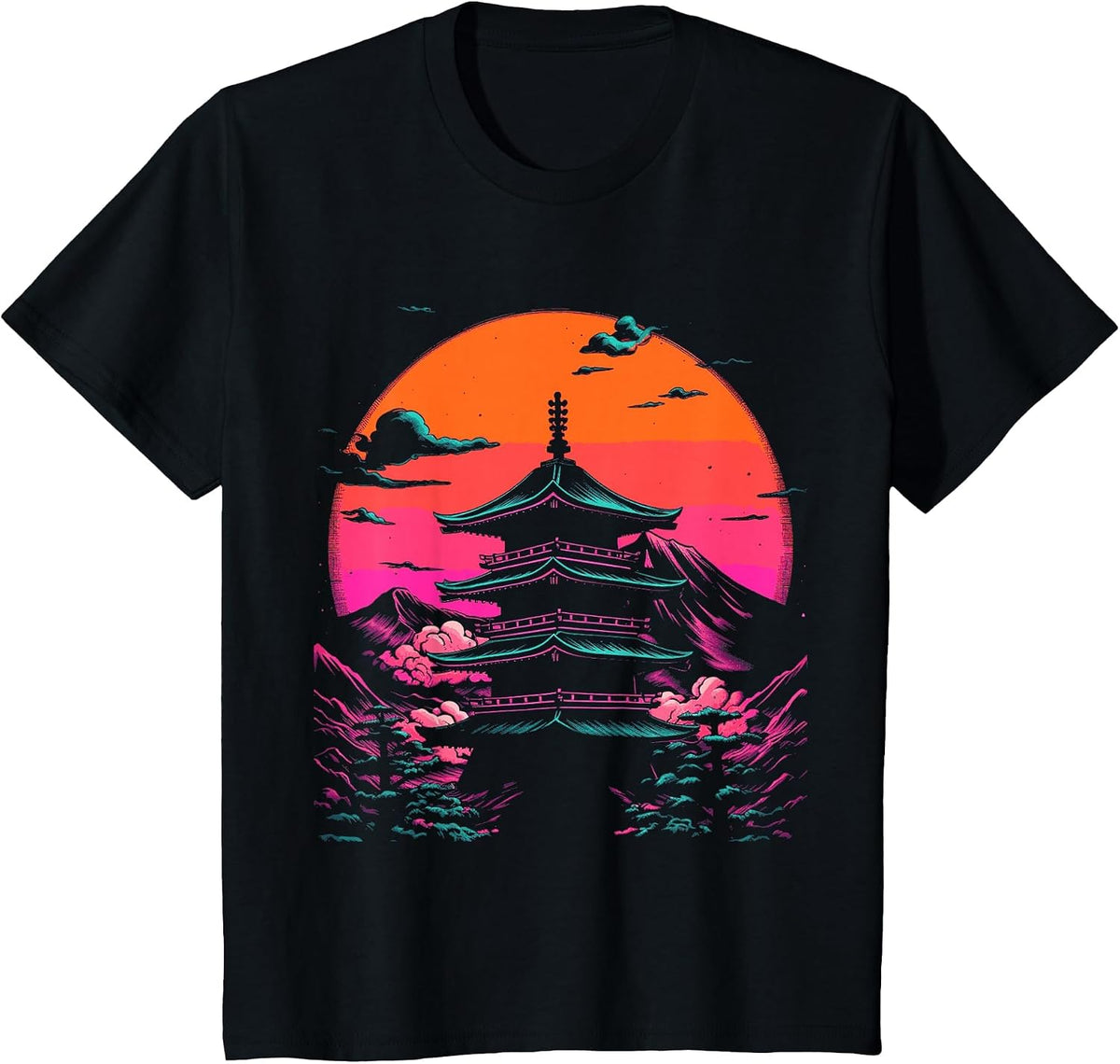 Japanese Pagoda Temple Synthwave Retro T-Shirt - Black