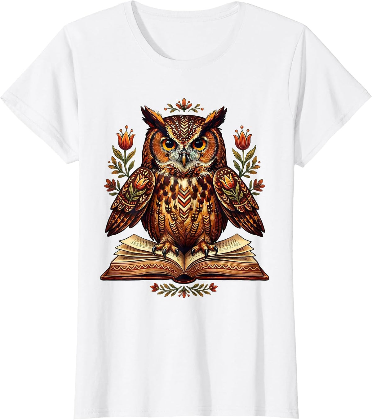Wise Owl Reading Book With Glasses Illustration T-Shirt - White