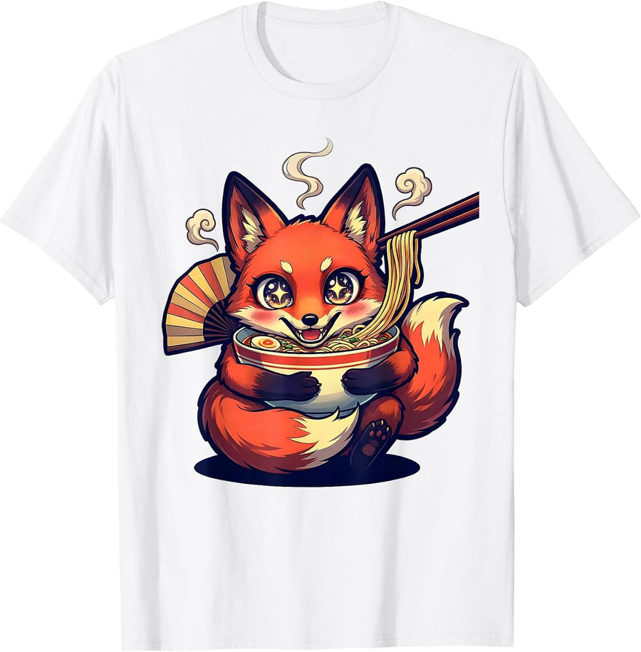 Men's Chibi Kitsune Ramen Anime Cute Animal Humor T-Shirt - White