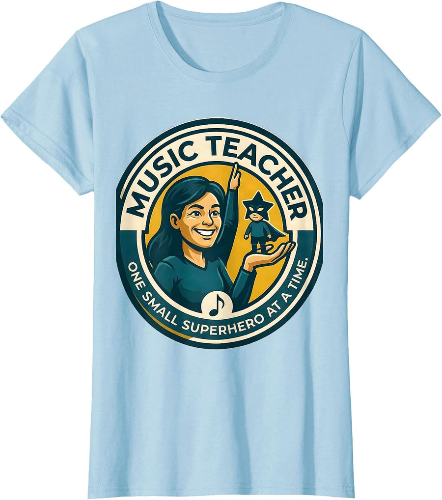 Women's Music Teacher One Small Superhero At A Time Funny T-Shirt - Baby Blue