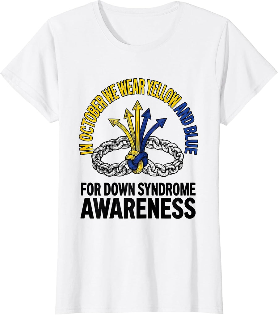 Women's In October We Wear Yellow And Blue Down Syndrome Awareness T-Shirt - White