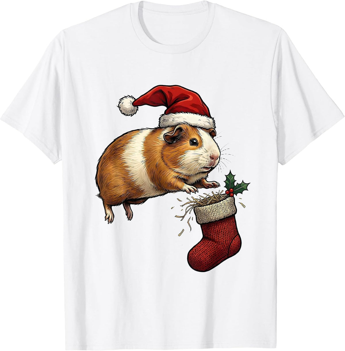 Guinea Pig Santa Hat Funny Christmas Pet Lover T-Shirt - White