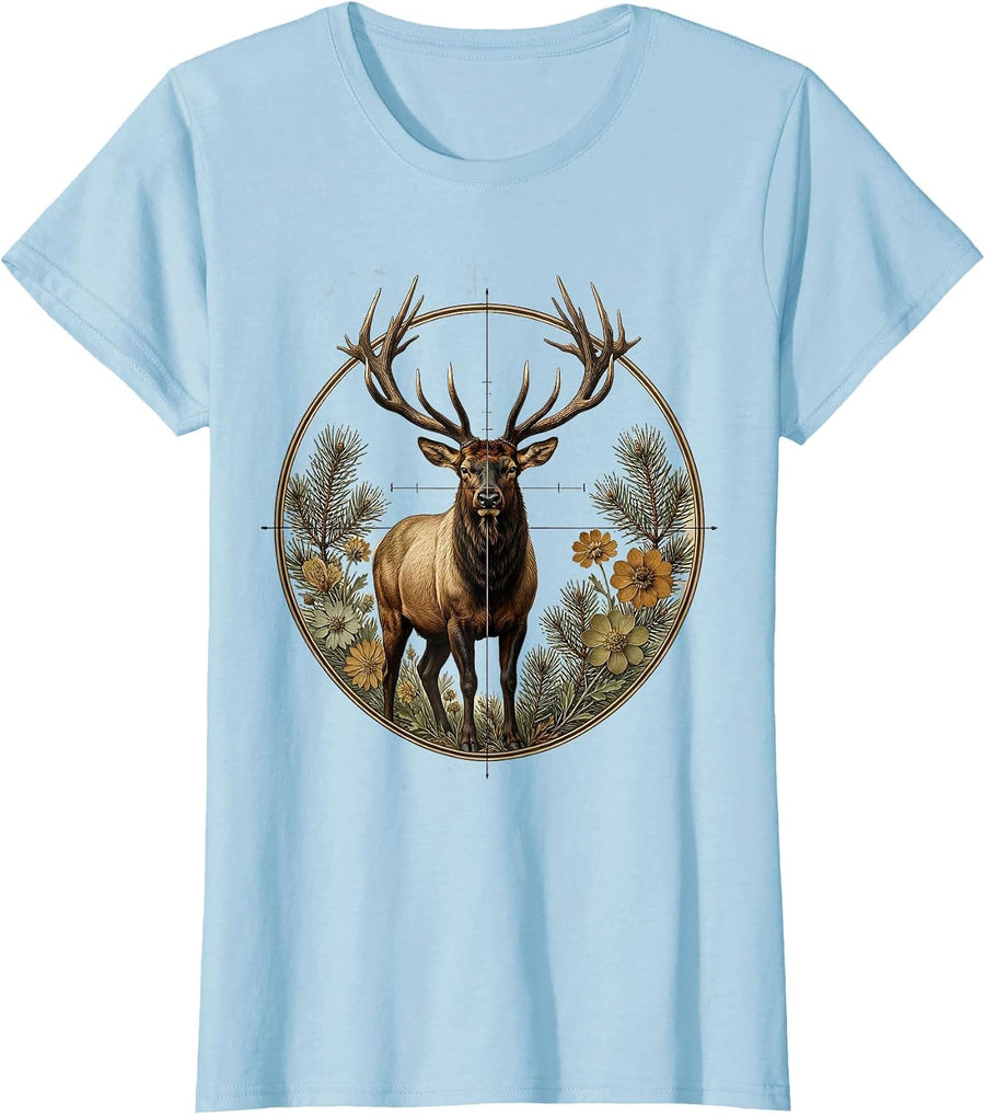 Women's Elk Hunting Scope Crosshairs Mountain Wildlife T-Shirt - Baby Blue