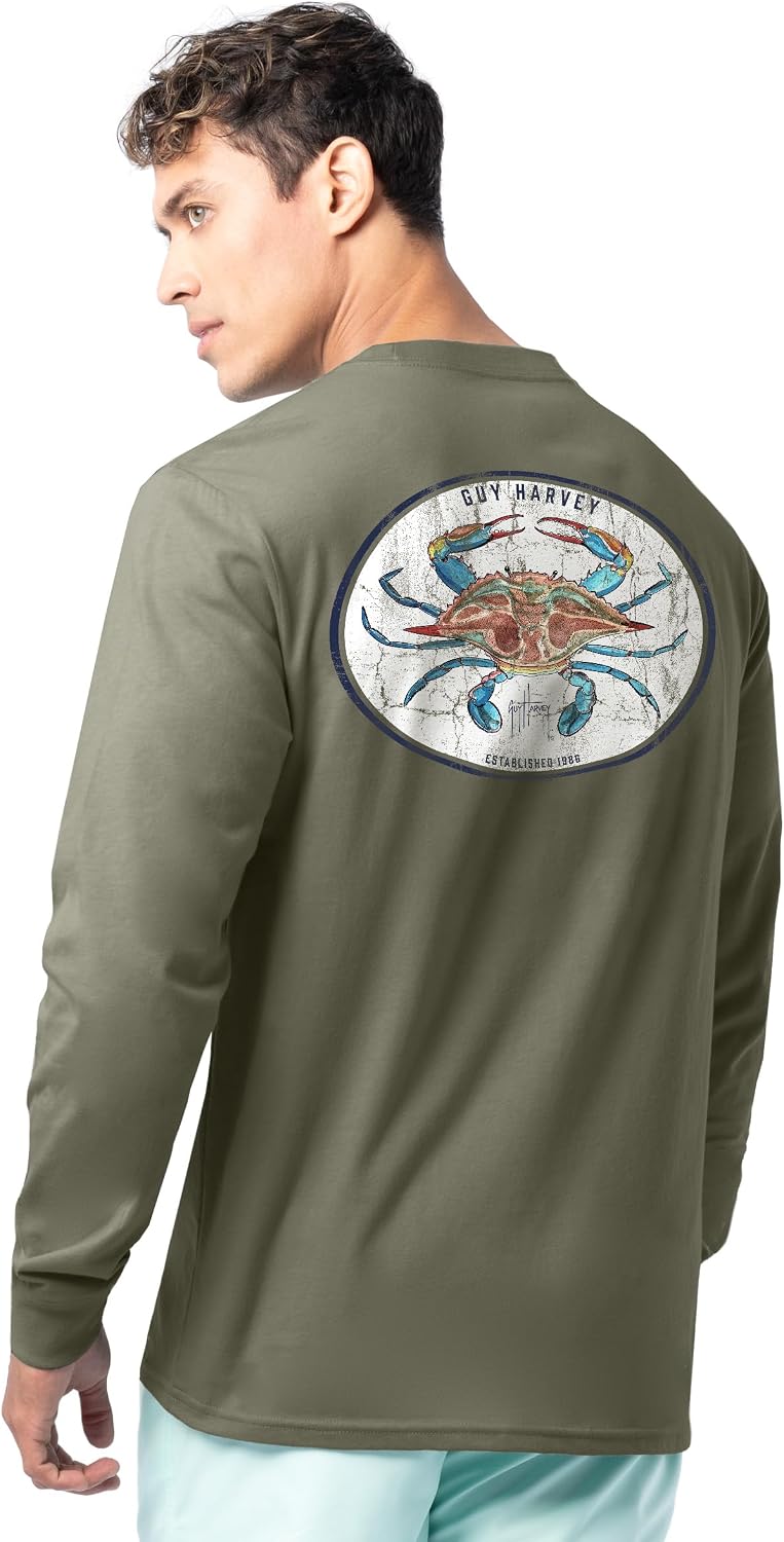 Guy Harvey Men’s Long Sleeve Lightweight Cotton Fishing Graphic T-Shirt - Deep Lichen Green\/Crab Stamp