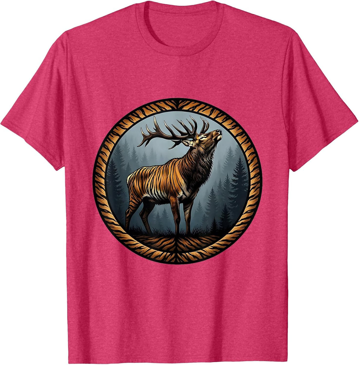 Elk Bugling at Dawn Camo Woodland Illustration T-Shirt - Red Heather