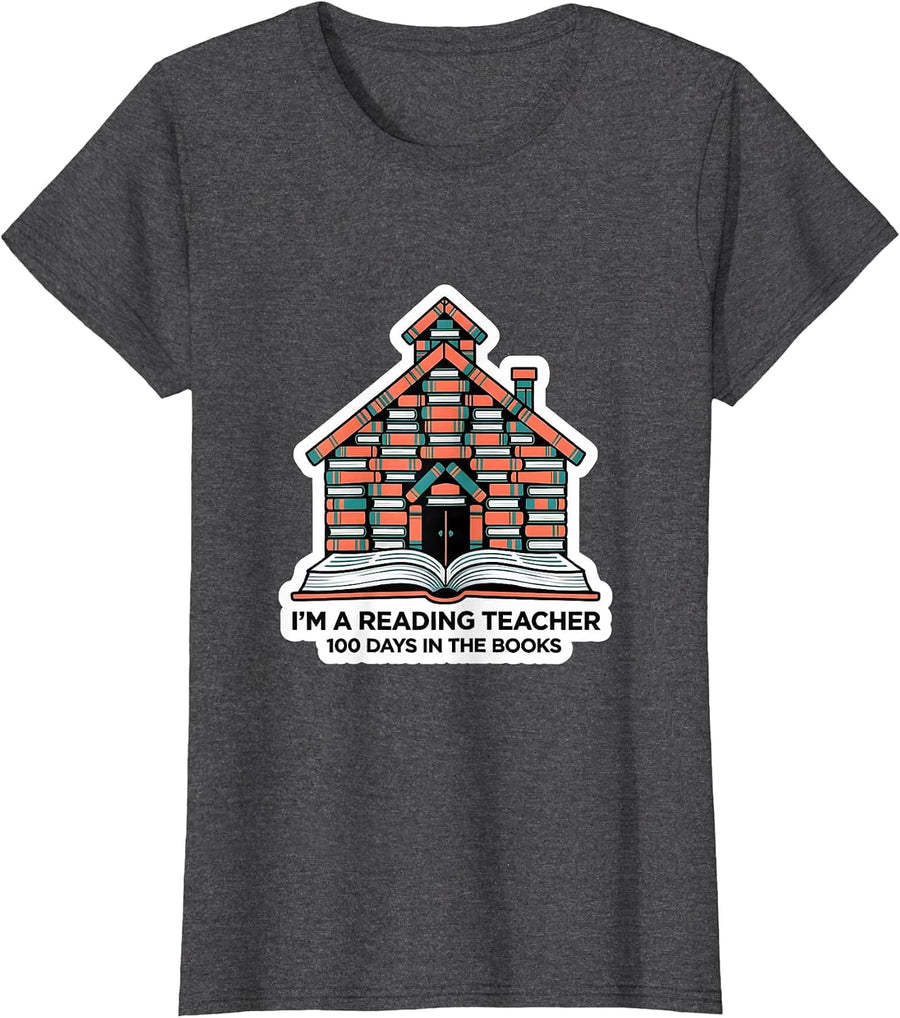 Women's I’m A Reading Teacher, 100 Days In The Books Teacher T-Shirt - Dark Heather Grey