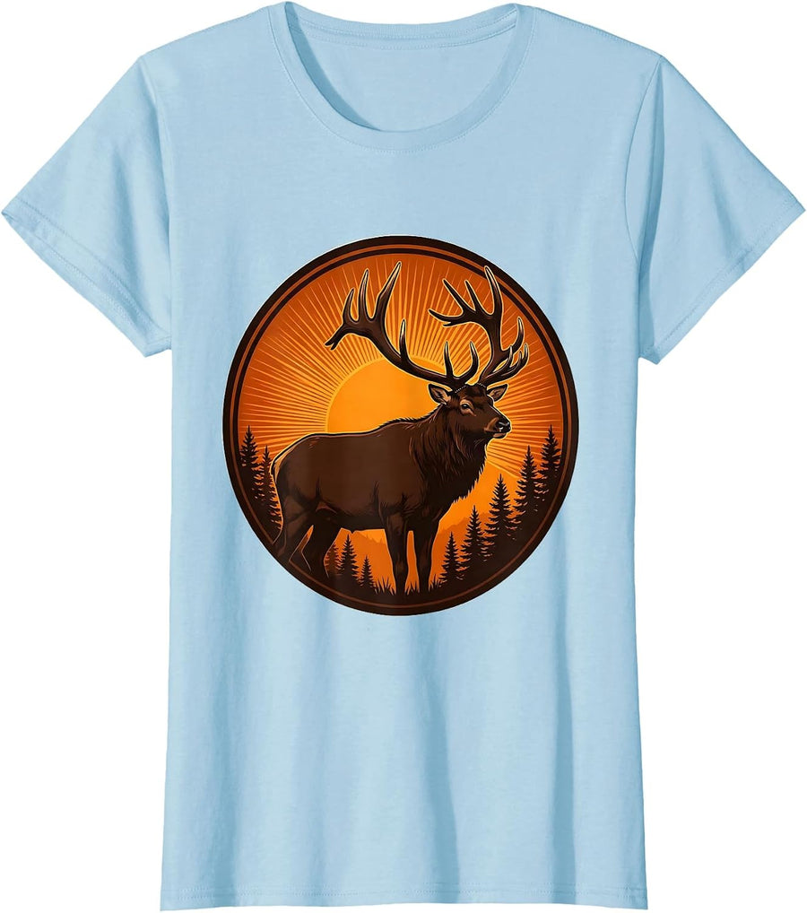 Women's Elk Silhouette Orange Sunset Fall Nature Design T-Shirt - Baby Blue