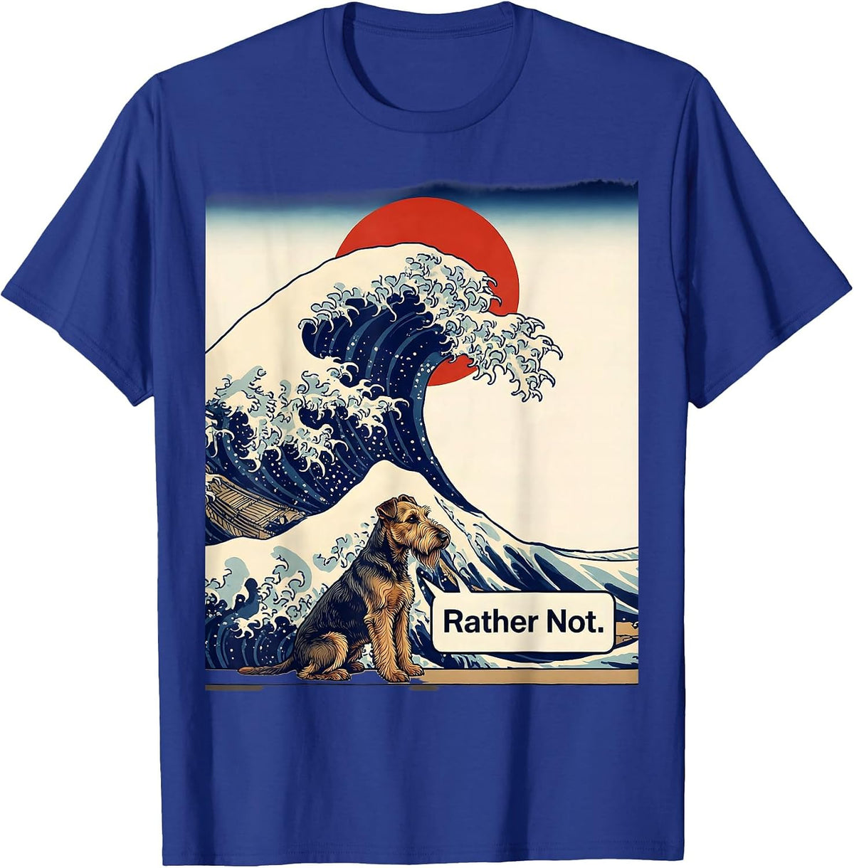 Men's Rather Not Ukiyo-e Airedale Terrier Surfing Great Wave T-Shirt - Royal Blue