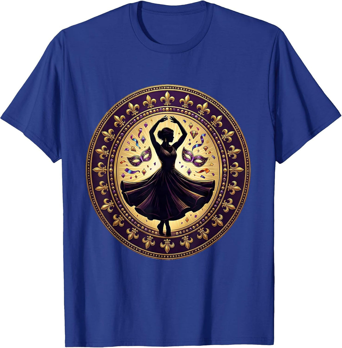 Men's Mardi Gras Dancing Silhouette Confetti Design T-Shirt - Royal Blue