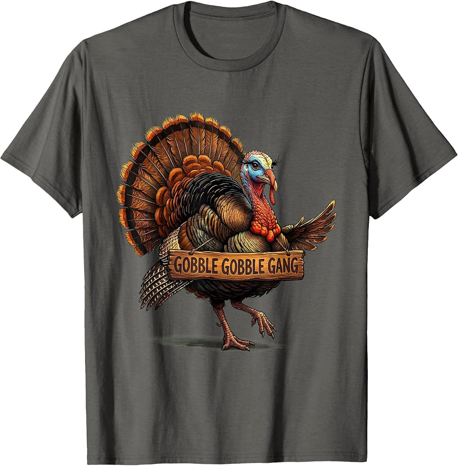 Gobble Gobble Gang Thanksgiving Design T-Shirt - Asphalt Grey