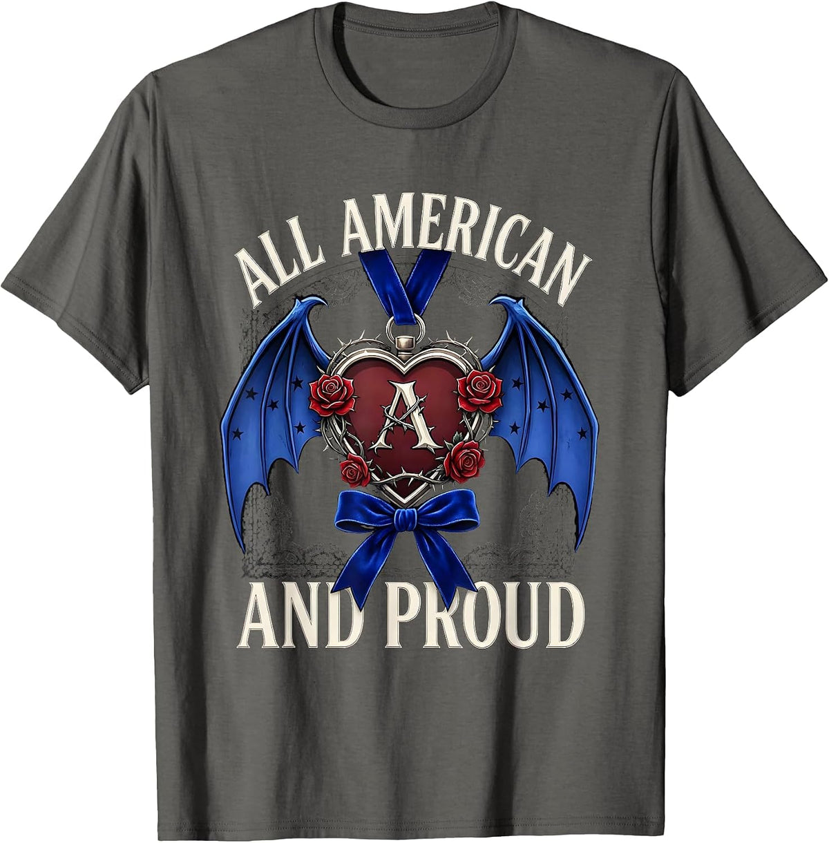 All American and Proud Red White and Blue Design T-Shirt - Asphalt Grey