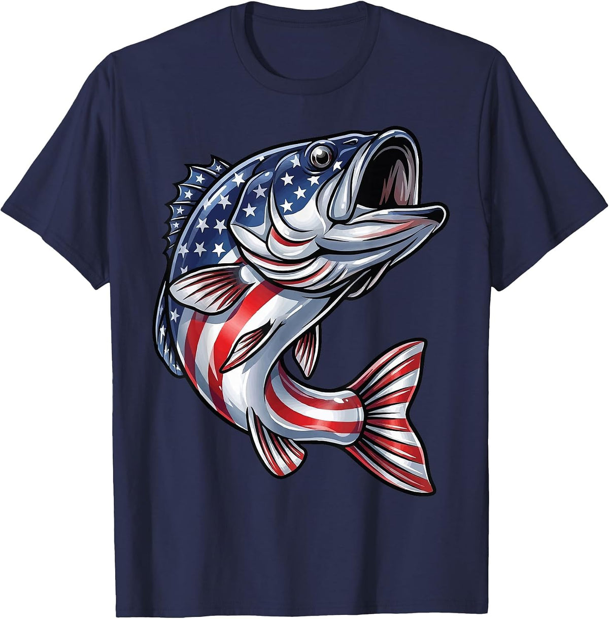 Bass Fish USA Flag Fishing 4th of July Patriot T-Shirt - Navy Blue