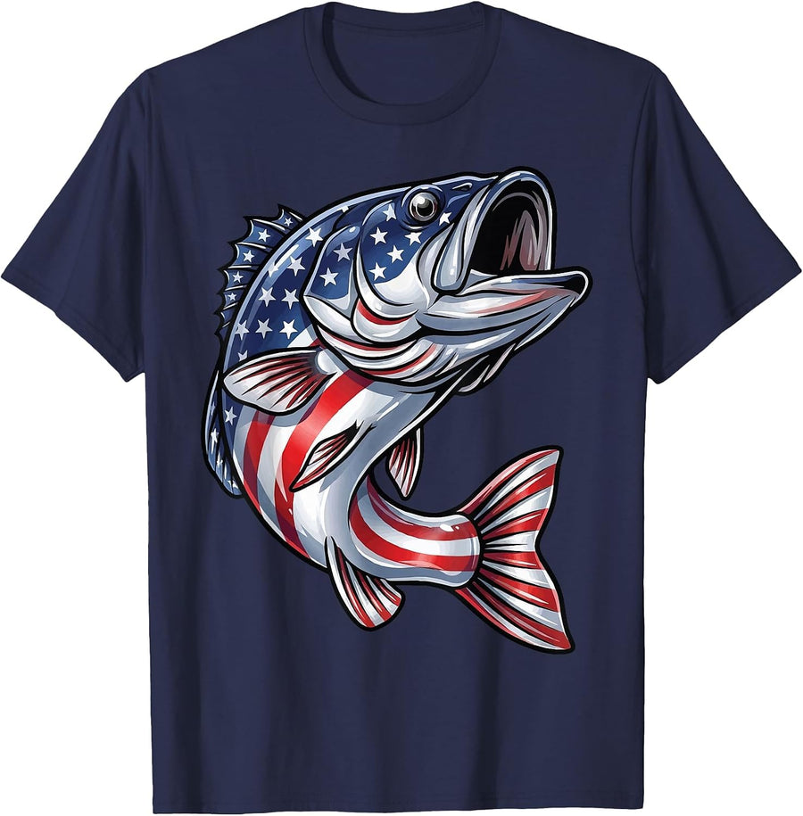 Bass Fish USA Flag Fishing 4th of July Patriot T-Shirt - Navy Blue