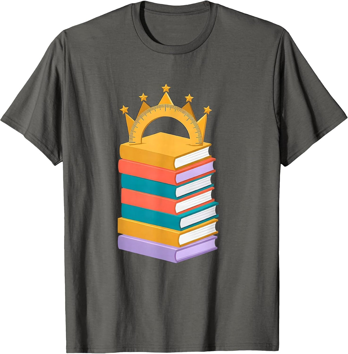 Preschool Teacher Ruler Crown Books Illustration T-Shirt - Asphalt Grey