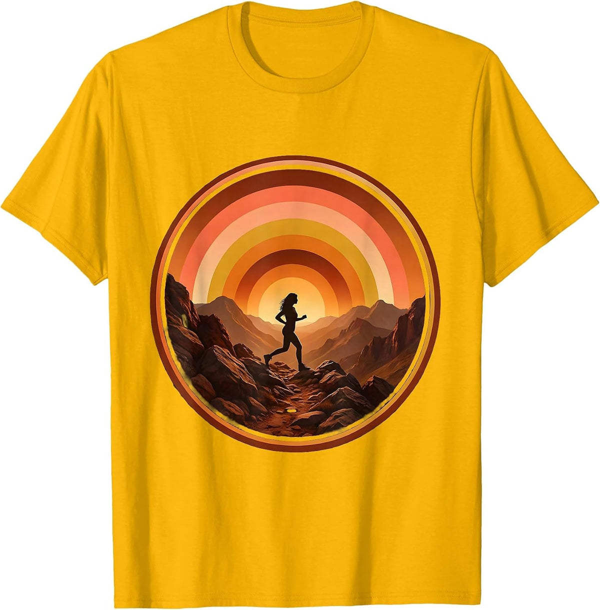 Men's Hiker Rocky Mountain Trail Sunset Illustration T-Shirt - Golden Yellow