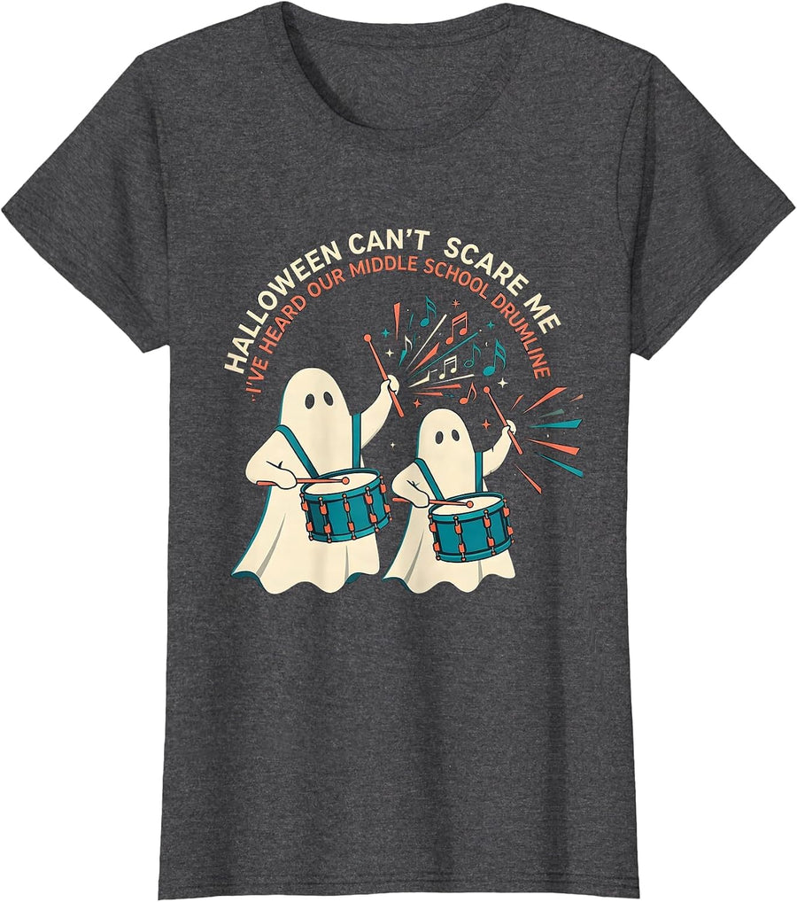 Women's Halloween Can't Scare Me Music Teacher Ghost Drummer Humor T-Shirt - Dark Heather Grey
