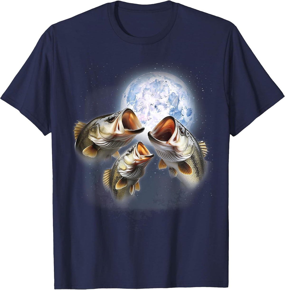 3 Bass Fish At The Moon Funny Bass Fishing Lover Fisherman T-Shirt - Navy Blue