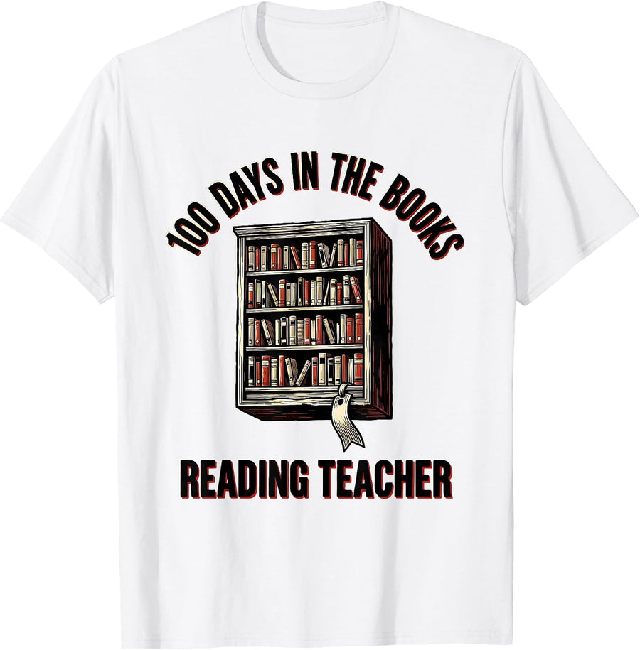Men's 100 Days In The Books Reading Teacher 100th Day of School T-Shirt - White
