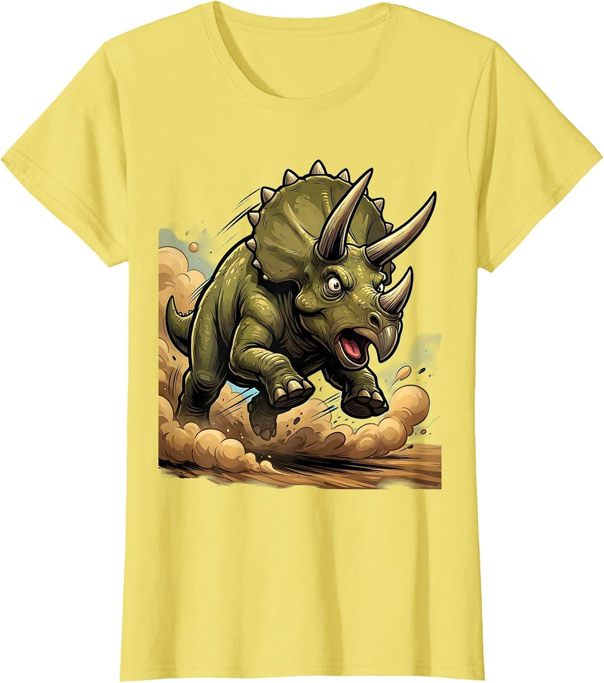 Triceratops Charging Dinosaur Dust Cloud Graphic T-Shirt - Lemon Yellow