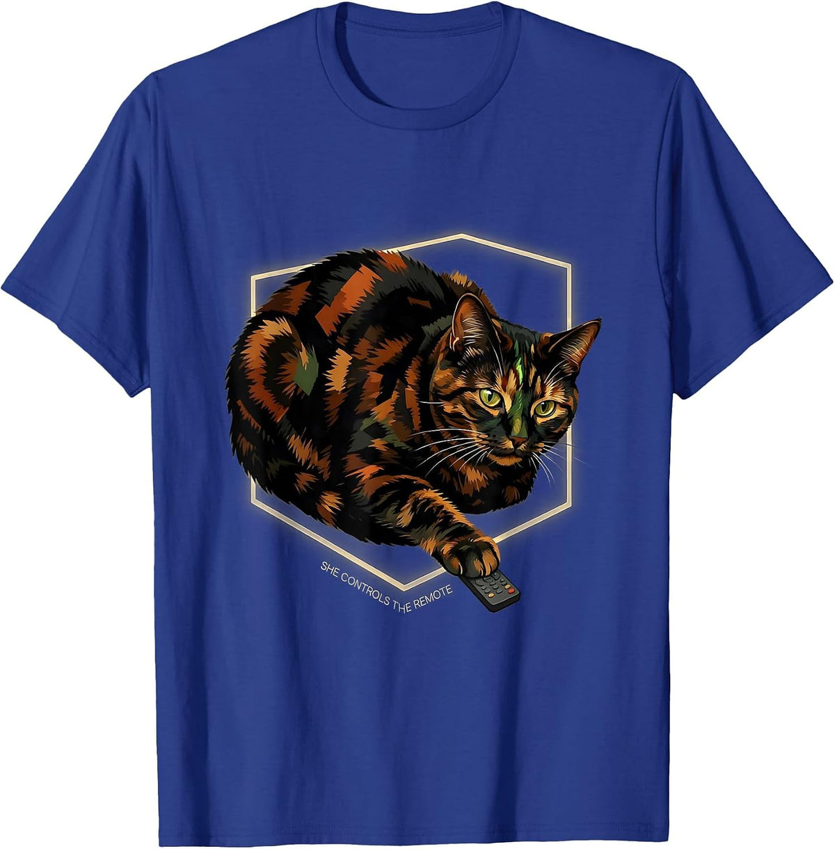 She Controls The Remote Funny Tortie Cat Owner Humor T-Shirt - Royal Blue