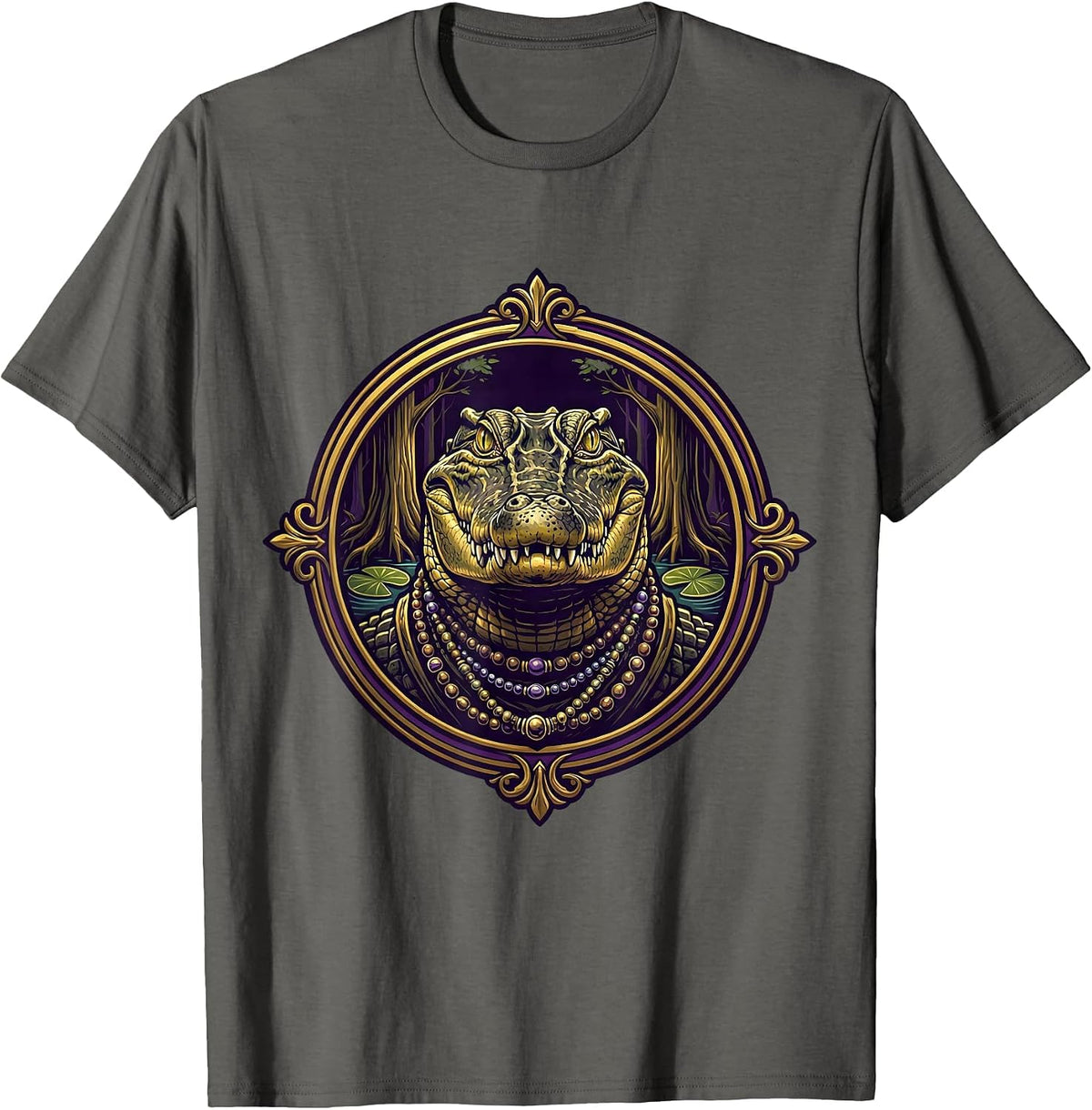 Men's Mardi Gras Alligator Beaded Necklaces Swamp Design T-Shirt - Asphalt Grey
