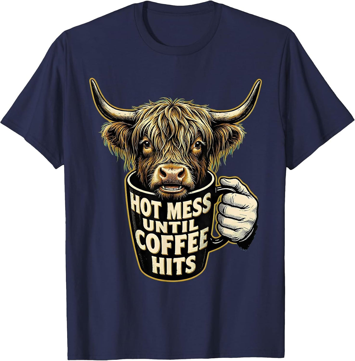 Men's Hot Mess Until Coffee Hits Retro Cartoon Highland Cow Coffee T-Shirt - Navy Blue