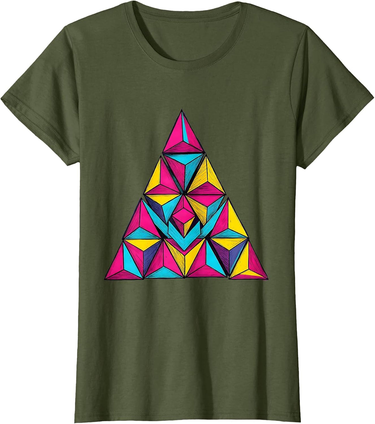Women's Neon Geometric Triangle 80s Retro Design T-Shirt - Olive Green