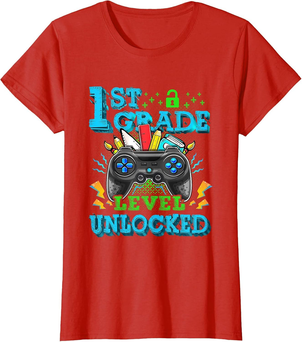 1st Grade Level Unlocked Video Game Back to School Boys T-Shirt - Red