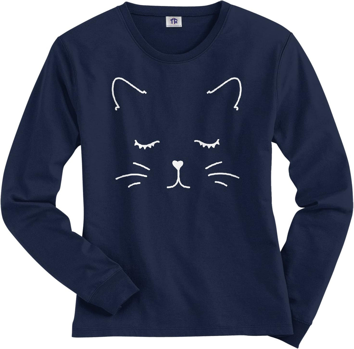Threadrock Women's White Kitty Cat Face Long Sleeve T-Shirt - Navy