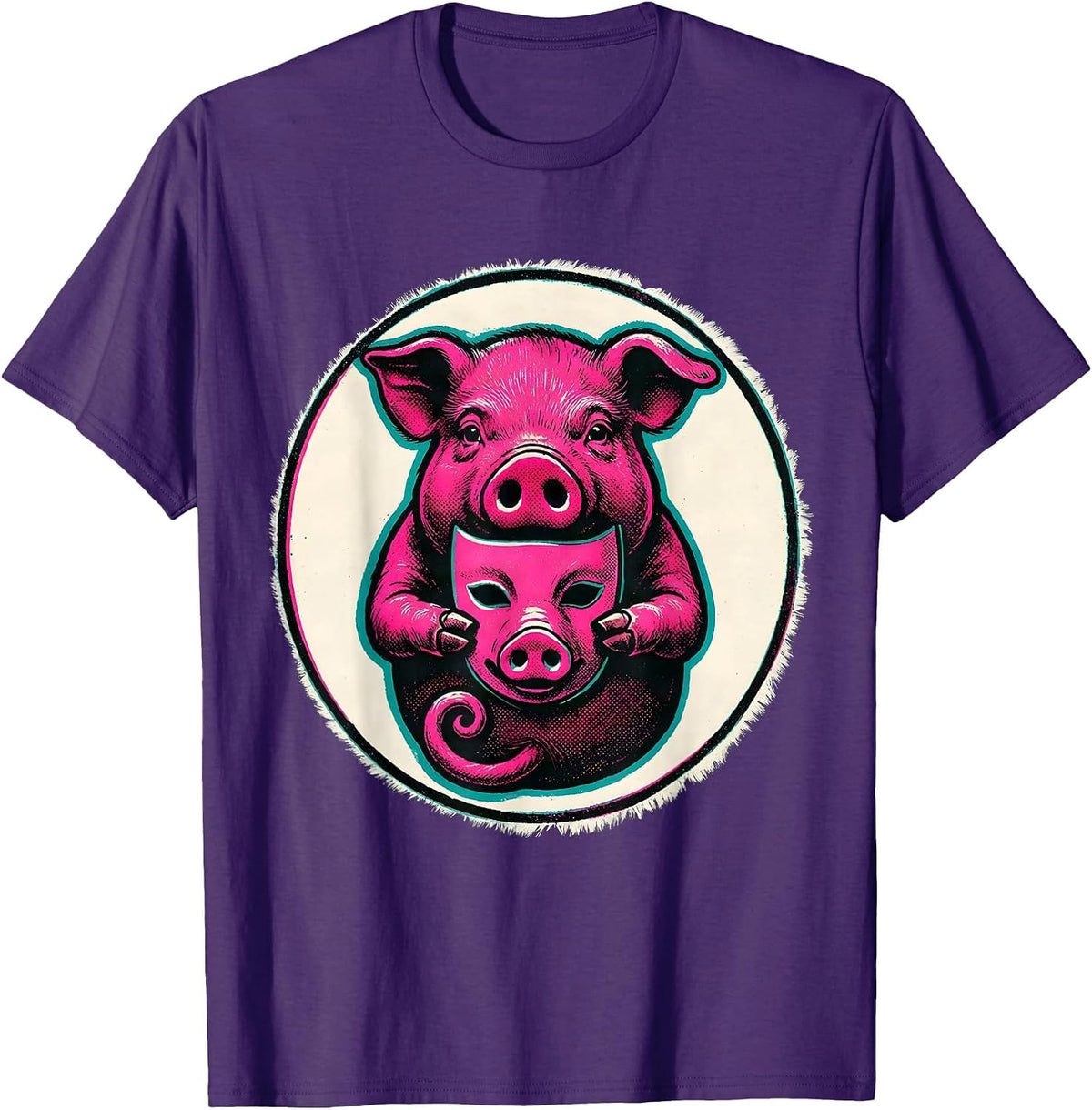 Piglet Mask Badge Risograph Pig Lover Halloween Costume T-Shirt - Purple