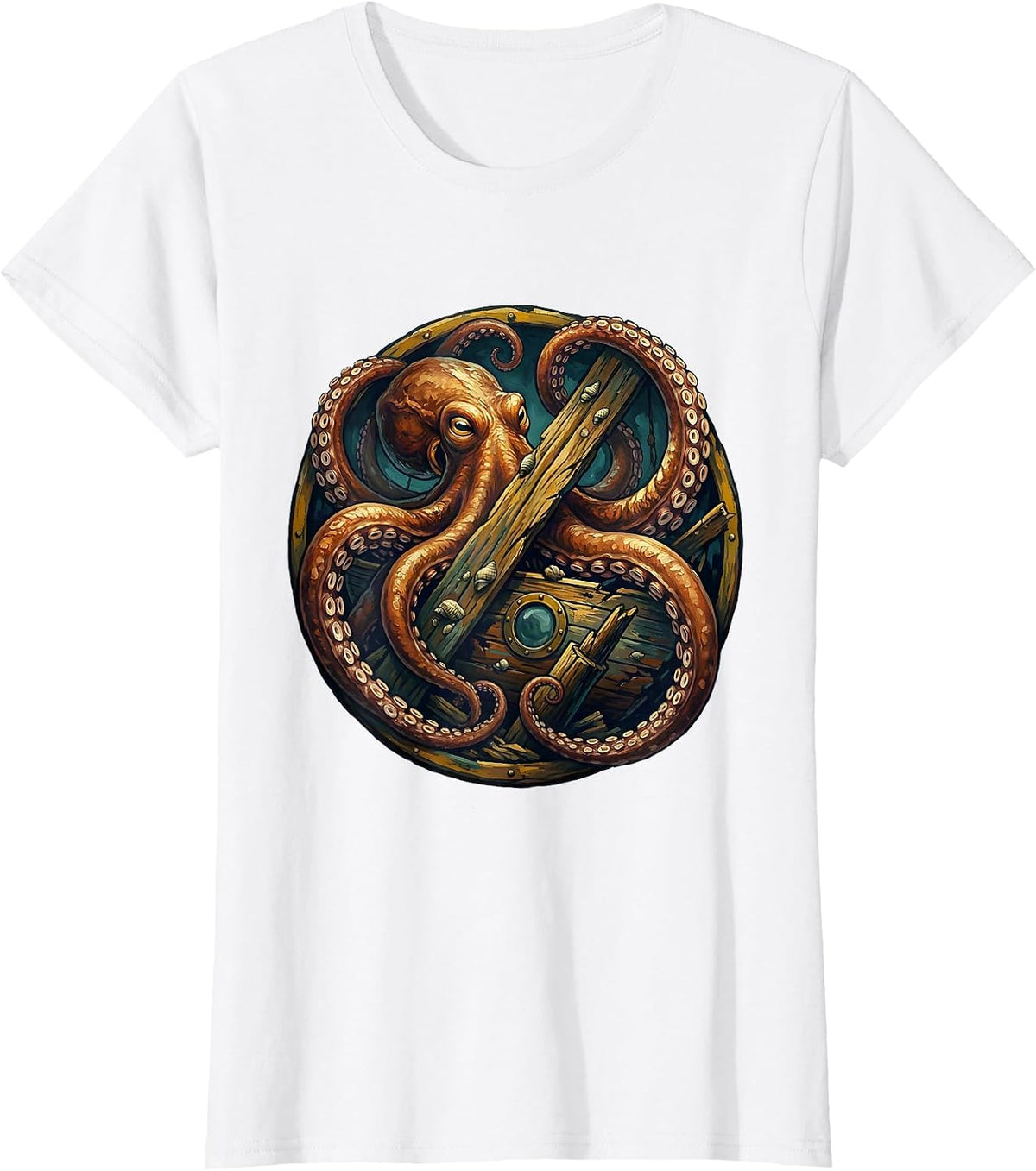 Octopus Sunken Ship Sailor Graphic Tee T-Shirt - White