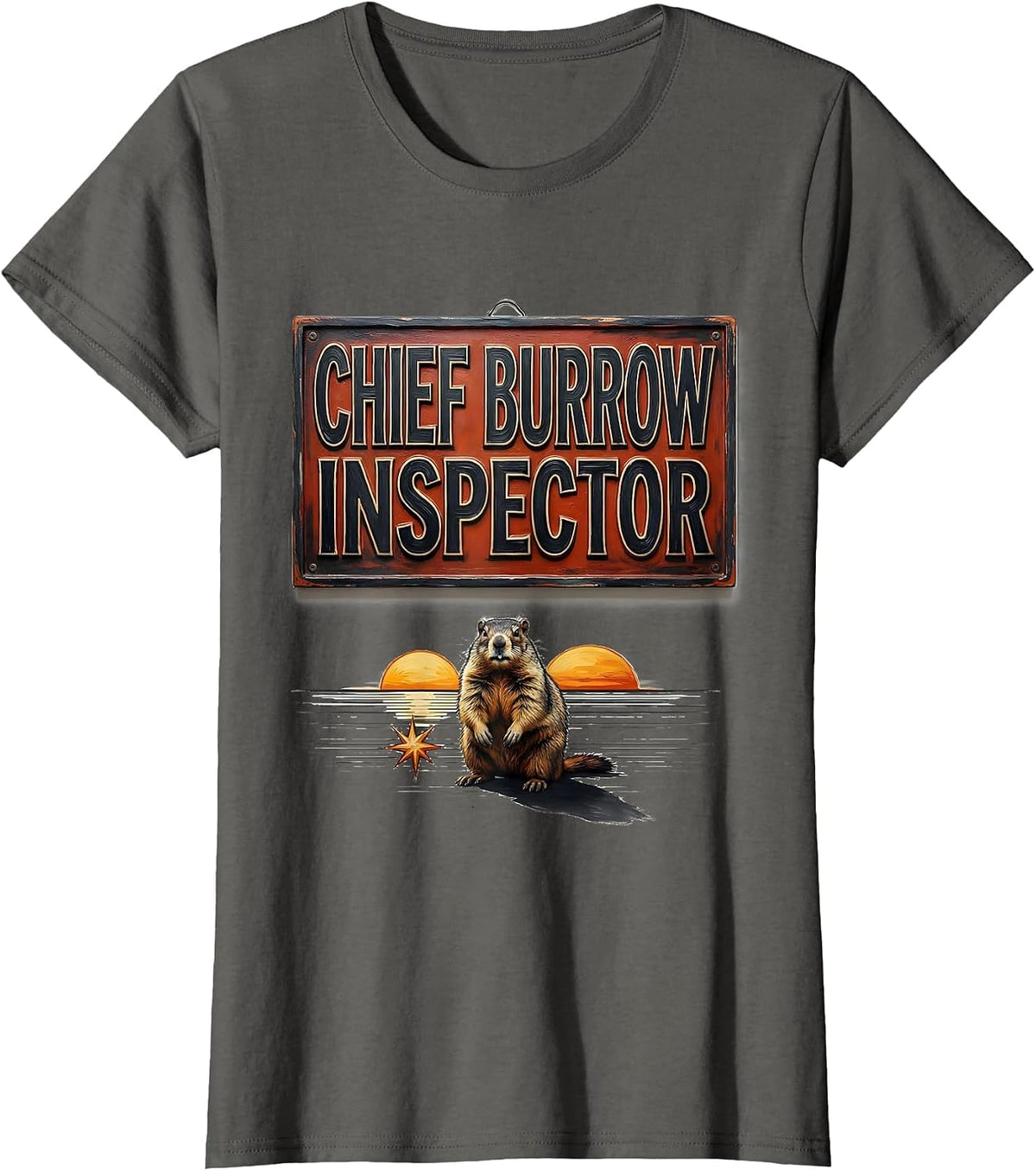Women's Chief Burrow Inspector Funny Groundhog Day Vintage Badge T-Shirt - Asphalt Grey