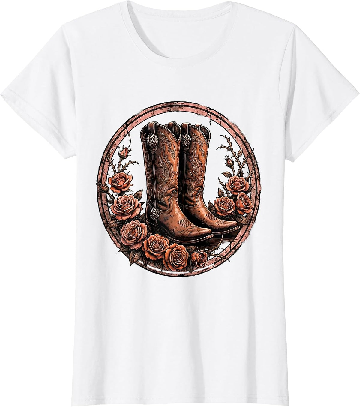 Cowgirl Boots Spurs and Roses Rodeo Design T-Shirt - White