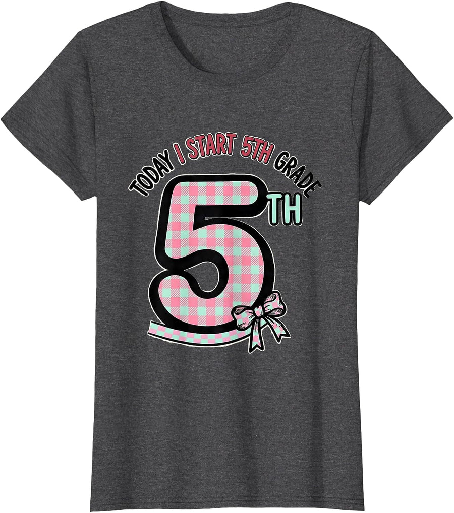 Women's Today I Start 5th Grade Coquette Bow Back To School Girl T-Shirt - Dark Heather Grey