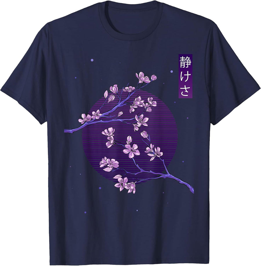 Aesthetic Vaporwave Japanese Blossom Calmness Cherry Flower T-Shirt - Navy Blue