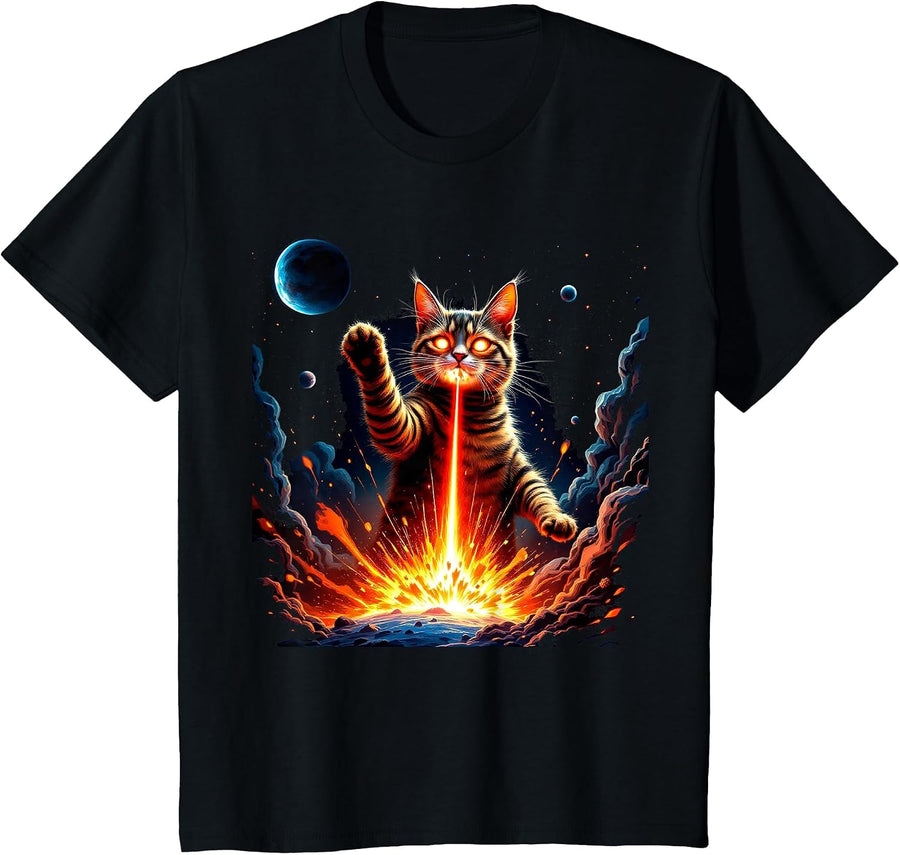 Funny Fire Breathing Cat Space Lover Joke UFO Believers T-Shirt - Black